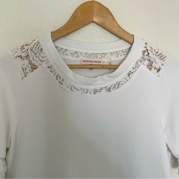 Rebecca Taylor White Short Sleeve Terry Cloth Lace Crew Neck T-Shirt Blouse S - Picture 5 of 15